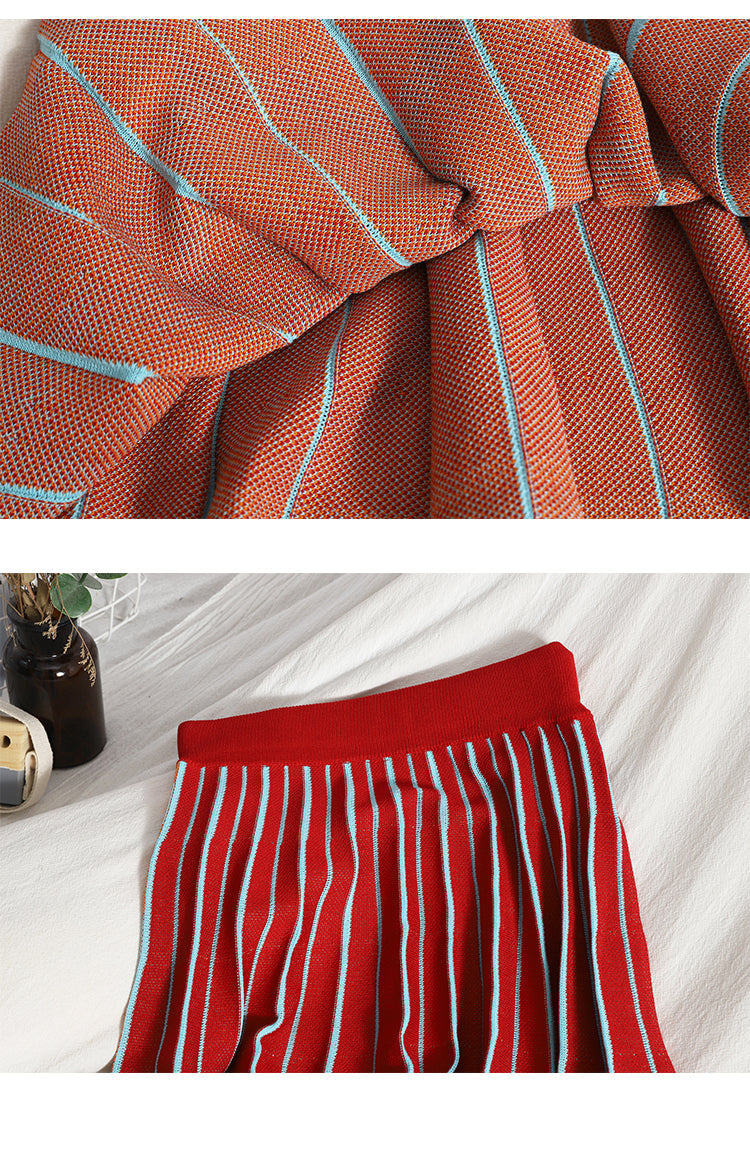 lovwvol Summer Runway Knit Skirt Suit Women Short Sleeve Flower Sweater Top+Mini Pleated Skirt Set Girls Student 2pcs Suit