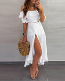 lovwvol Women Fashion Two-piece Dress  Holiday Vacation Dress Flounce Hem Skirt Off Shoulder Ruffle Tops & Split Skirt Sets
