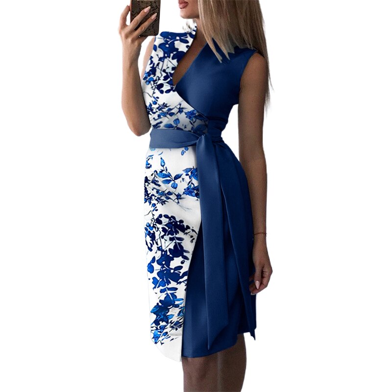 lovwvol Fashion Elegant Office Women Floral Print Tied Detail Sleeveless Vintage Blue Slim Waist Midi Summer Casual Dress With Belt