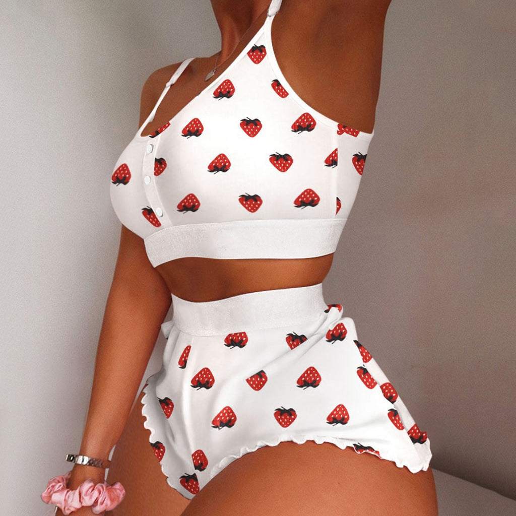 lovwvol Pajamas for Women Women's 2 Pieces Kawaii Strawberry Print Frill Hem Cami Pajama Set Femme Cute Crop Top & Shorts Suits Lady Sleepwear Y2k