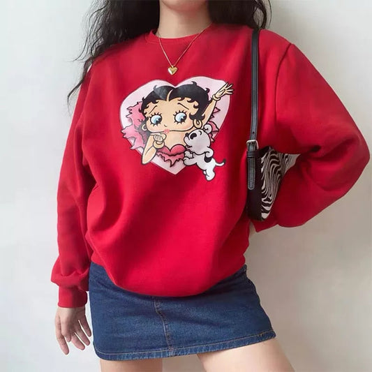 lovwvol  European and American new Betty doll cartoon print round neck sweatshirt plus velvet casual ladies round neck pullover