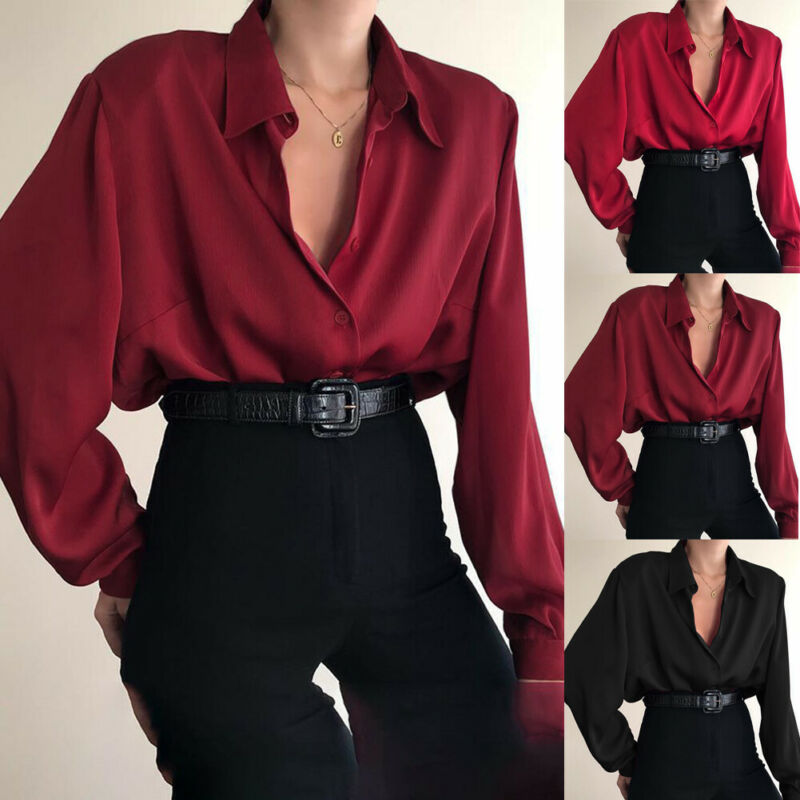 Women Button Blouses Turn Down Collar Shirts Office Lady Long Sleeve Casual Blouse Loose OL Shirt Baggy Tops Red/Wine Red /Black