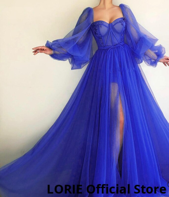 Lovwvol Blue Prom Dresses Long Puffy Sleeve Tulle Backless Formal Evening Party Gowns Beauty Pageant Dresses Custom Made