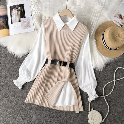 lovwvol  spring autumn women's lantern sleeve shirt knitted vest two piece sets of College style waistband vest two sets top UK900