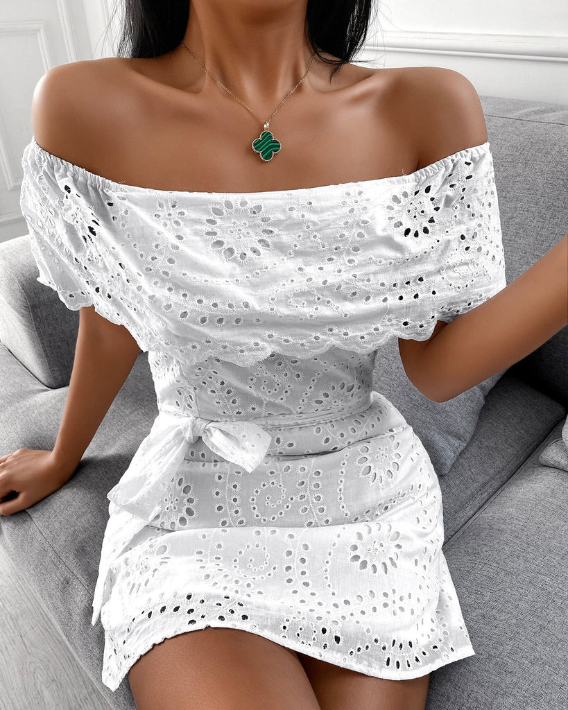 lovwvol Summer Solid Off Shoulder Broderie Lace Mini White Mini Dress Skinny Bodycon With Sashes Sexy