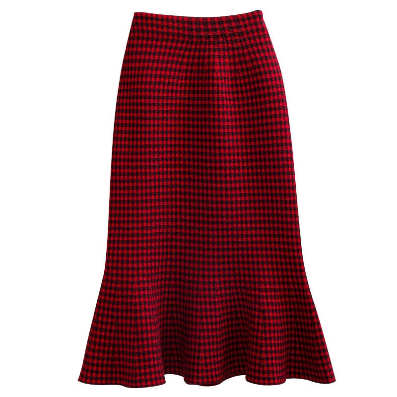 lovwvol Knitted Autumn and Winter Women's High Waist Plaid A- line Ruffles Woman Skirts Faldas Jupe