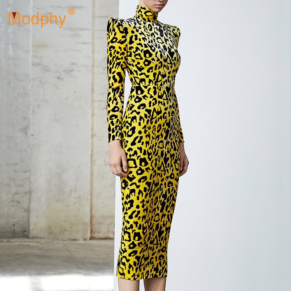 lovwvol  Winter New Fashion Leopard Print Long Dress Elegant Women Long Sleeve Bodycon Dress Celebrity Evening Party Runway Vestidos