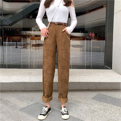lovwvol Spring New Women's Casual Loose Corduroy Wide Leg Pants Fashion Full Length Trousers With Sashes Female Bottoms B01308O