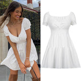 Lovwvol Summer Sexy Off Shoulder Women Sundress White Elegant Button Pleated Mini Dress Straps Sleeveless Ruffles Outfits Cuteandpsycho