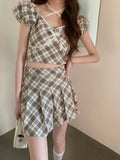 lovwvol Plaid suit short skirt women sets summer new Korean hanging neck plaid tops + high waist pleated skirt two-piece clothes