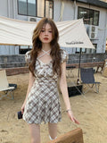 lovwvol Plaid suit short skirt women sets summer new Korean hanging neck plaid tops + high waist pleated skirt two-piece clothes