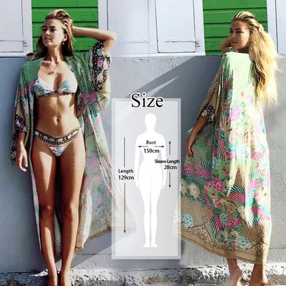 lovwvol  Bikini Cover-ups Bohemian Printed Long Kimono Cardigan Plus Size Chiffon Tunic Women Beach Wear Swim Suit Cover Up Q912