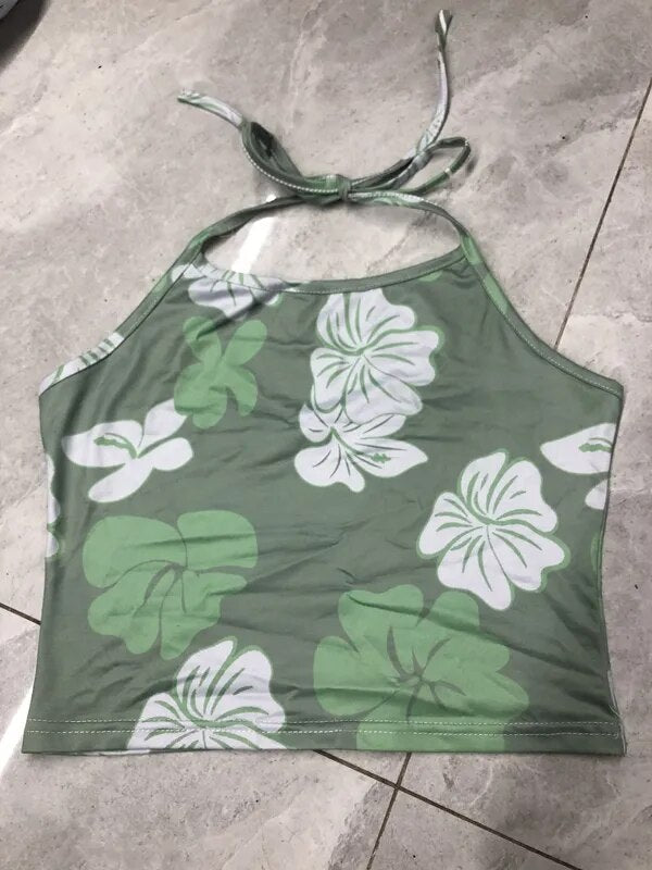 lovwvol Women Y2K Aesthetic Halter Neck Top Kawaii Flower Print Lace Up Backless Crop Top 90s Vintage Fashion Tops Summer Streetwear