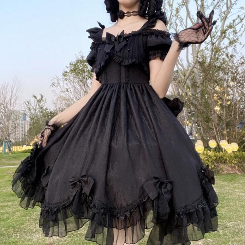 Lovwvol Hnewly Japanese Victorian Vintage Lolita Dress Women Cute Bow Sexy Backless Evening Party Dresses Girl Gothic Black White Elegant Dress