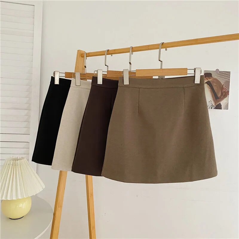 lovwvol Woolen Mini Skirt Autumn Winter Women Korean Style High Waist Solid Slim Basic A-line Short Skirt Elegant Office Lady