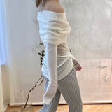 Lovwvol Elegant Lady Folds Slash Neck T Shirt Korean Fashion Chic Women Full Sleeve Slim Fit Tees 90s Vintage Knitted Tops Streetwear