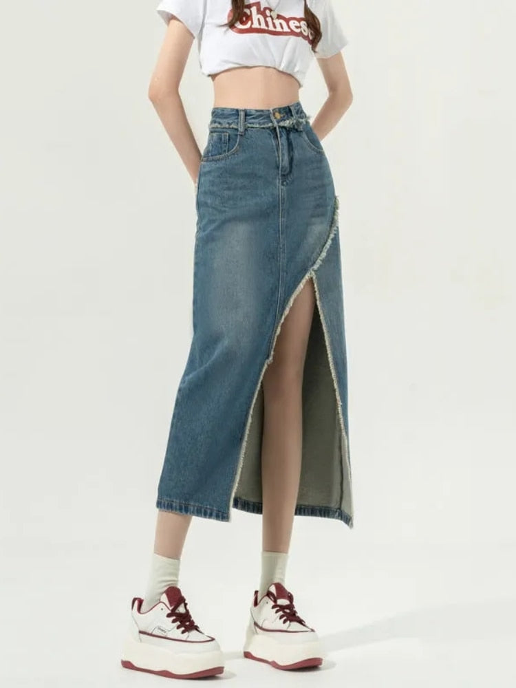 lovwvol Denim Slit Skirt Korean Fashion Women High Waist Straight Split Raw Edge Slim Jean Long Skirt Vintage Streetwear Girl