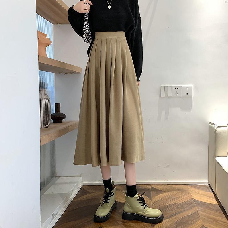 lovwvol Korean Style Women's Midi Skirt Autumn High-Waisted Corduroy Long Skirt Women College Style Pleated A-Line Skirts