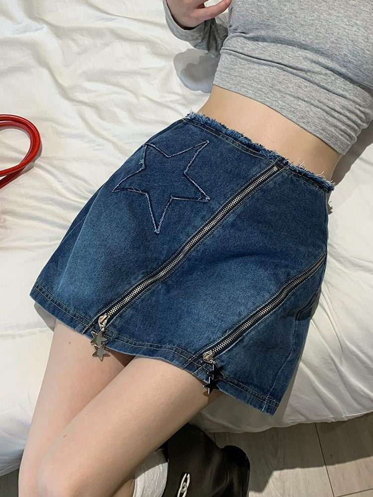 lovwvol Vintage Denim Mini Skirt Women Solid High Waist A-line Zipper Distressed Streetwear Jean Skirt 2000s Fashion Summer