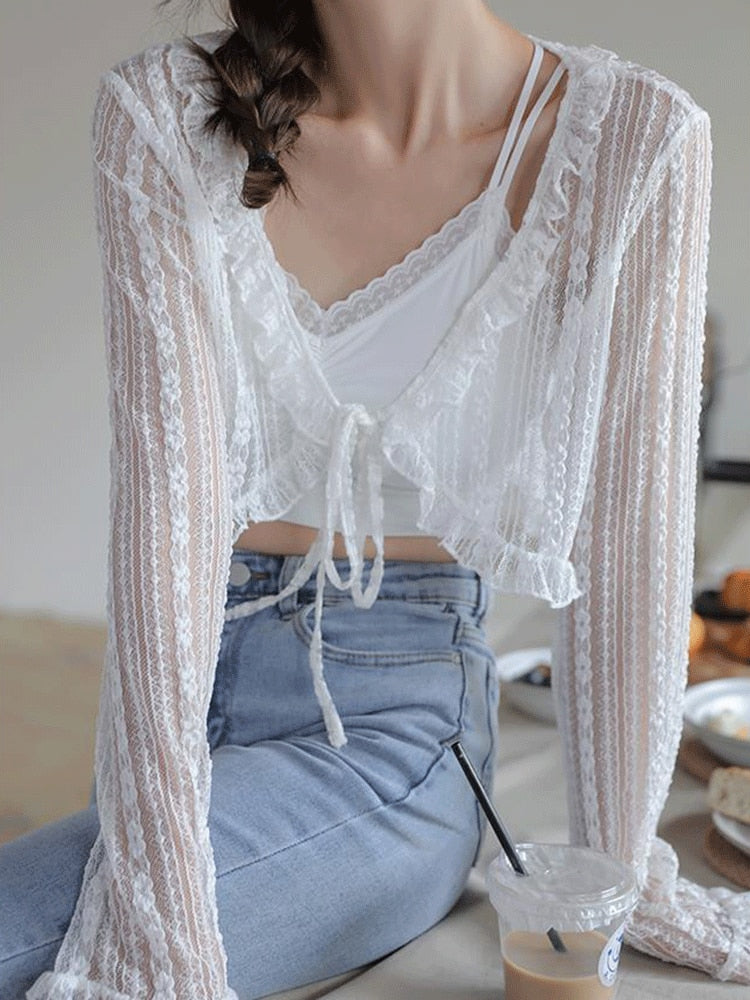 Lovwvol Women Summer Sun Protection Coat Lace Bow Ruffle Cardigan Shirt Female Blouse Tops for Woman Covers Blusa White Y2K Korean Shirt