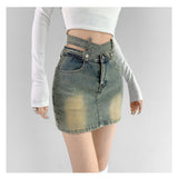lovwvol Gyaru Denim Mini Skirt Women High Waist A-Line Belt Distressed Bodycon Kpop Skirt Summer Vintage Streetwear Fashion