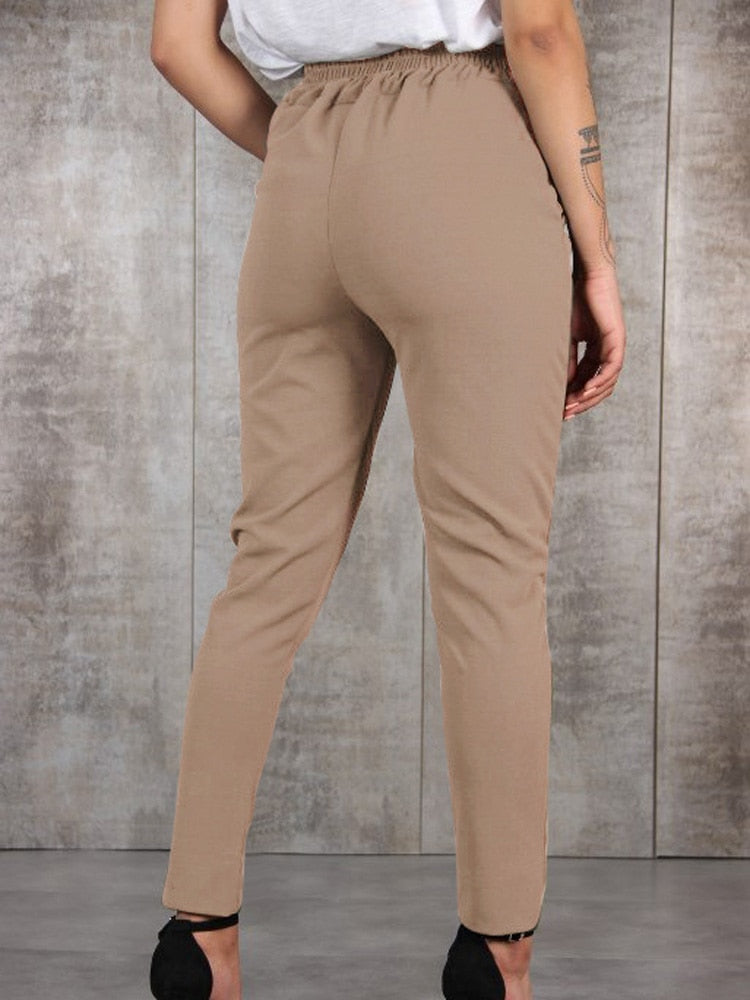 Lovwvol Women Pencil Pants Spring Autumn High Waist Pocket Slim Solid Trousers