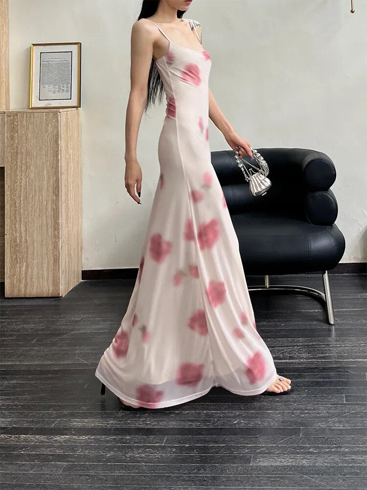 lovwvol Grunge Elegant Midi Dress Women Y2k Vintage Streetwear Spaghetti Strap High Waist Florals Printed Party Dress Female