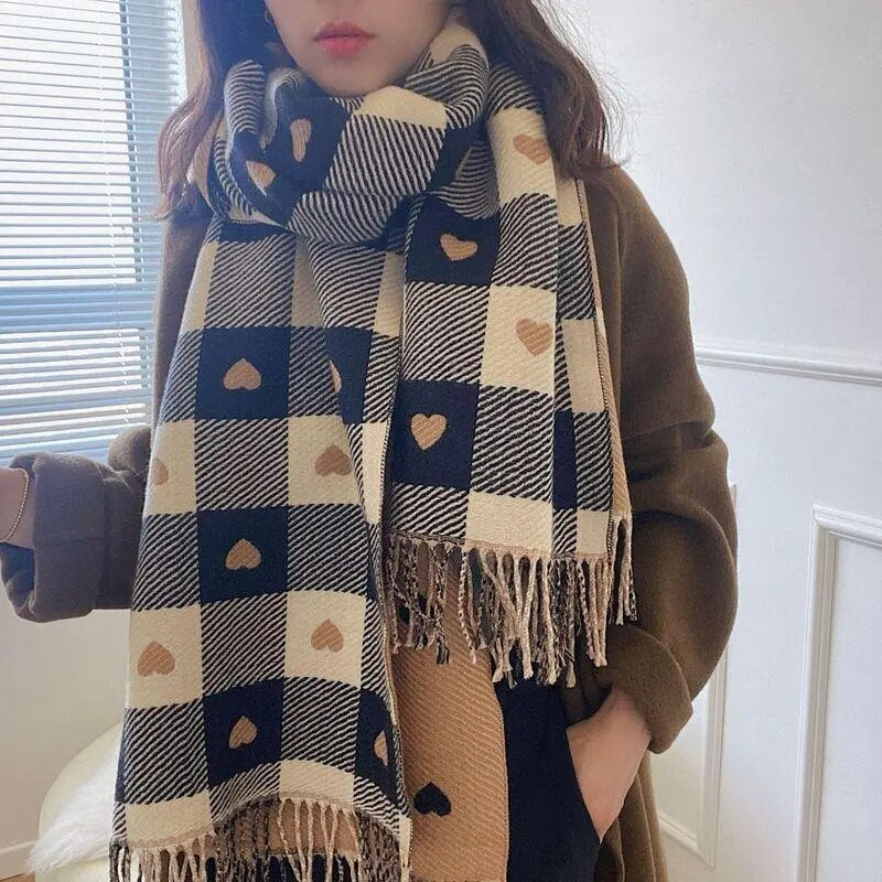 Lovwvol Luxury Brand Women Knitted Heart-pattern Plaid Scarf Lovey Girl Winter Warm Scarves College Leisure Shawl Wraps