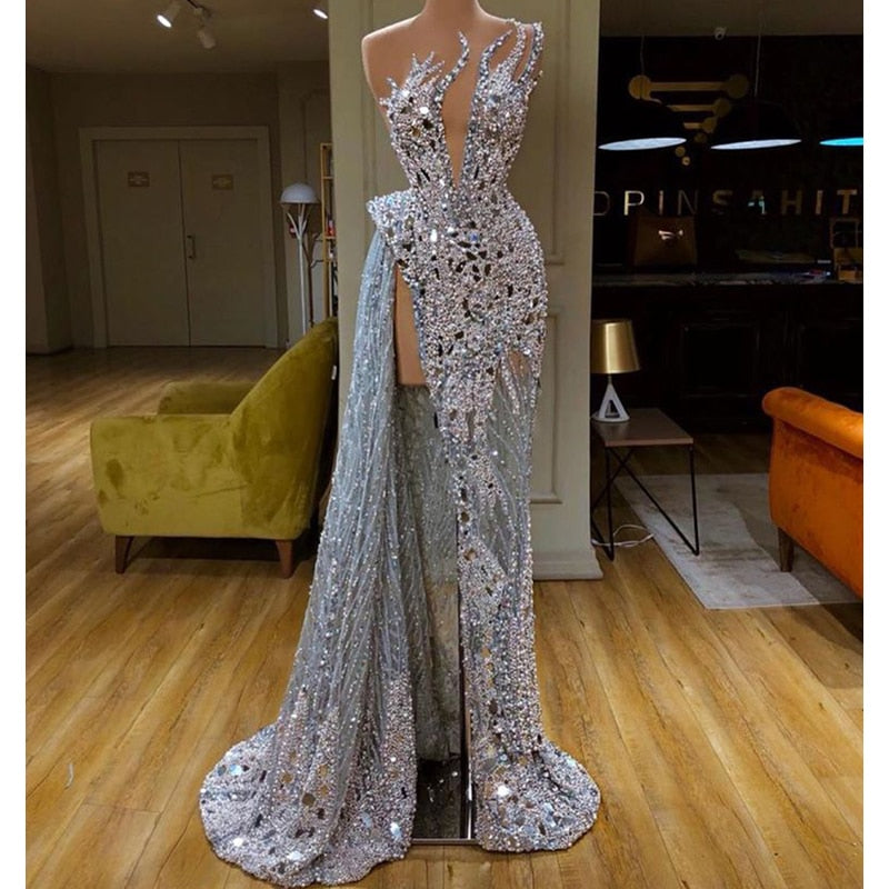 Lovwvol Sexy Mermaid Prom Strapless V-Deep Sequins Hand Beaded High Split Prom Dress Personalized Evening Gown Robe De Soir¨¦e