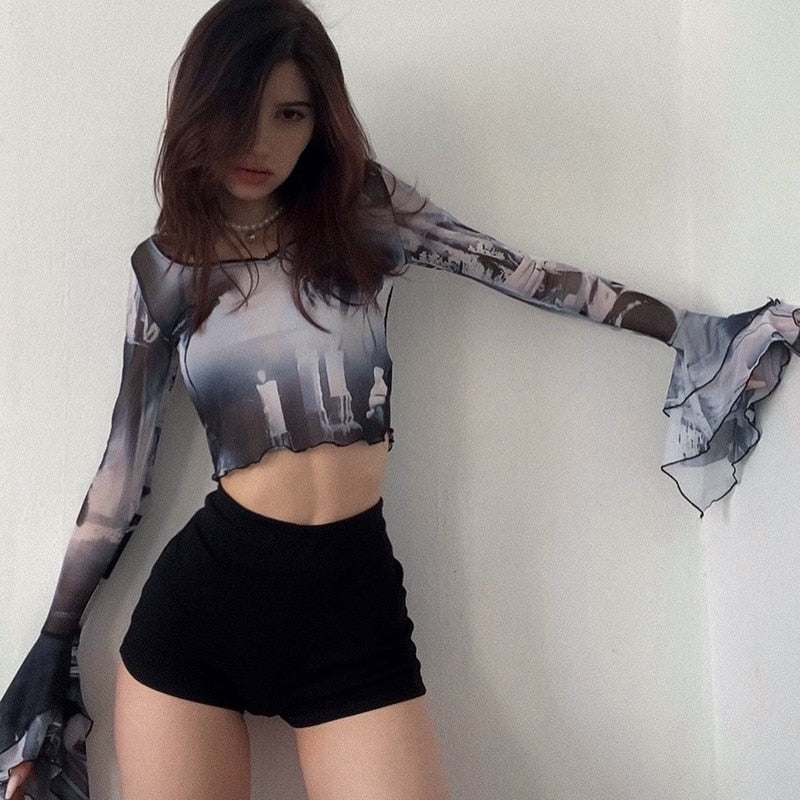 Lovwvol Summer New  Printed Round Neck Pullover Mesh Sheer T-shirt Long Flare Sleeve Slim Fit Tee Women Clothes