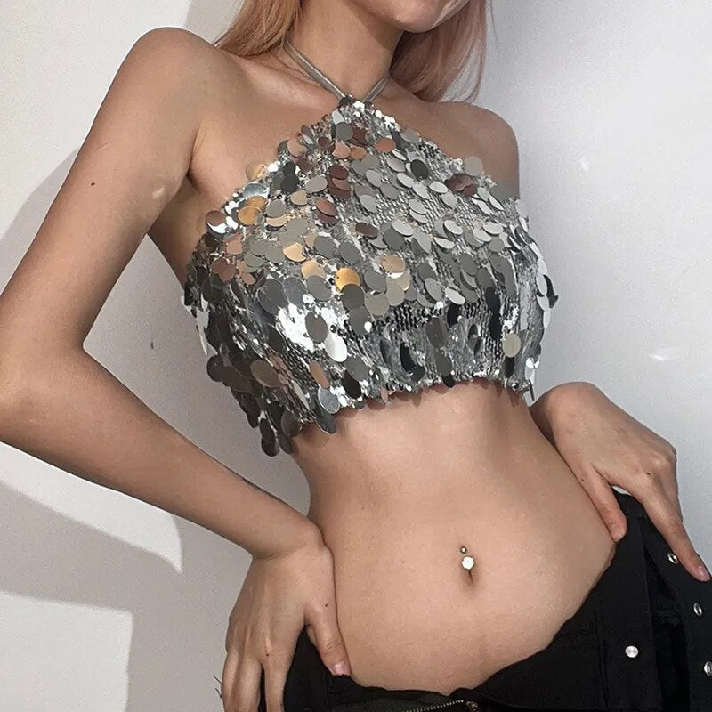 Lovwvol Sexy Sequins Crop Top Halter Corset Tube Tops Party Club Outfits Vest Strapless Top Open Back Sliver Glitter Top Women Summer