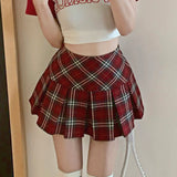 lovwvol Preppy Plaid Pleated Skirt Red Women Summer Vintage Korean Style High Waist Patchwork A-line Mini Skirt Harajuku