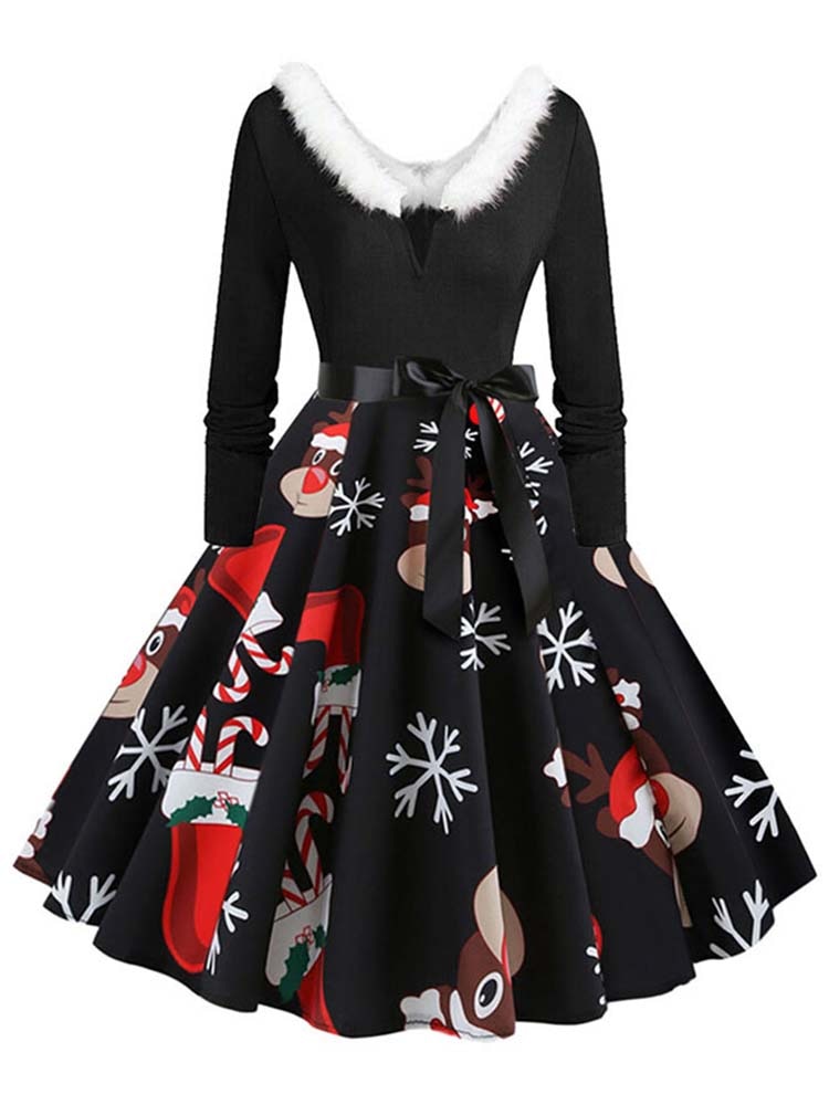 Lovwvol Christmas Costumes Party Dress Women Long Sleeve V Neck Fur Collar 1950s Housewife Vintage Xmas Winter Sundress