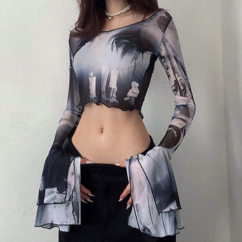 Lovwvol Summer New  Printed Round Neck Pullover Mesh Sheer T-shirt Long Flare Sleeve Slim Fit Tee Women Clothes