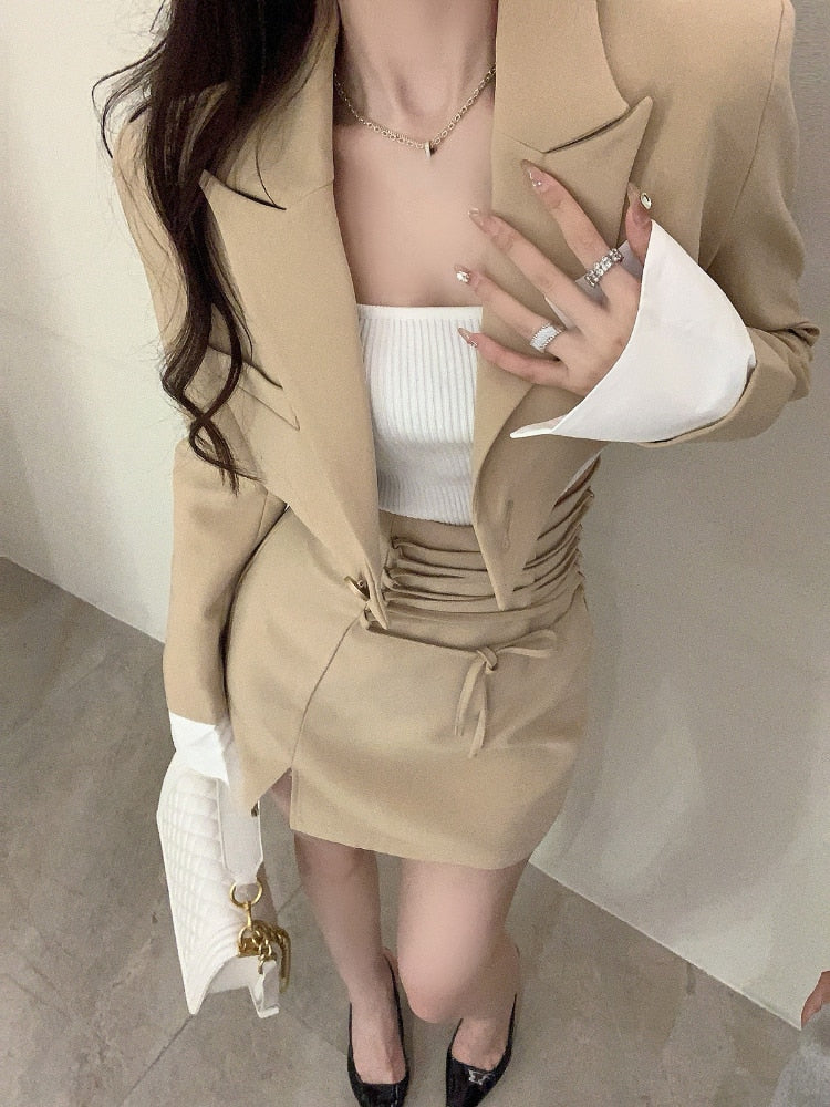 2 Piece Dress Set Women Casual Y2k Crop Tops Elegant Jacket Coats + Mini Skirts Korean Fashion Suits Autumn Blazers Dress