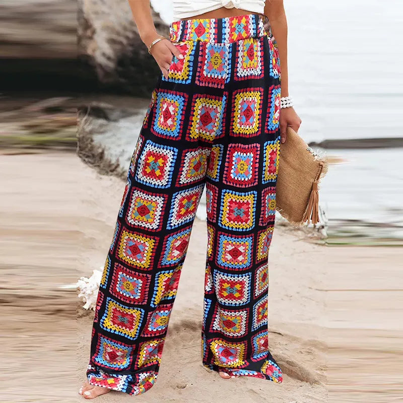 Lovwvol See Through Flared Leg Pants Women High Waist Summer Floral Knitted Crochet Beach Holiday Long Pants Trousers