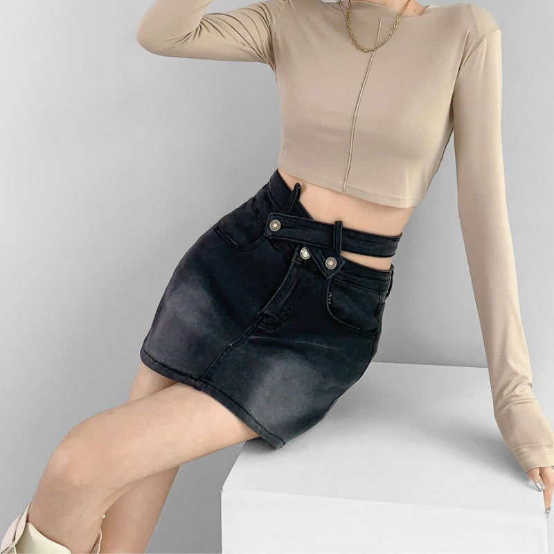 lovwvol Gyaru Denim Mini Skirt Women High Waist A-Line Belt Distressed Bodycon Kpop Skirt Summer Vintage Streetwear Fashion