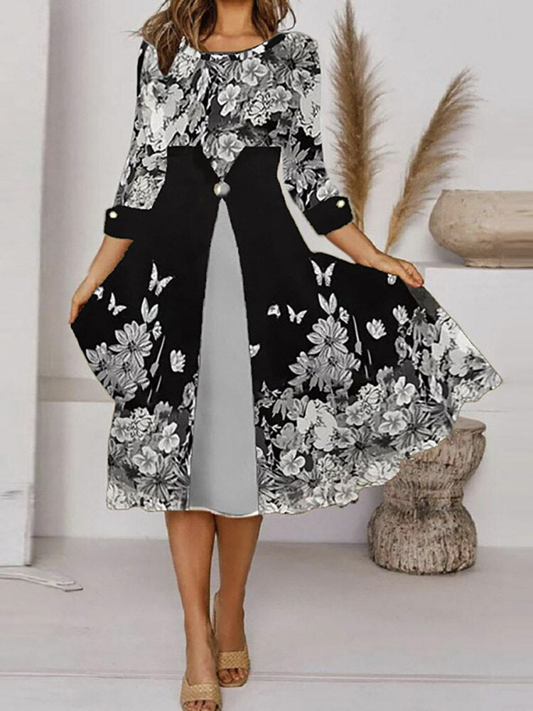 Lovwvol Hnewly Women V Neck Black White Print Classic Dress Lady Autumn Long Sleeve Slim Party Dress Elegant Three Quarter Sleeve Vintage Dress