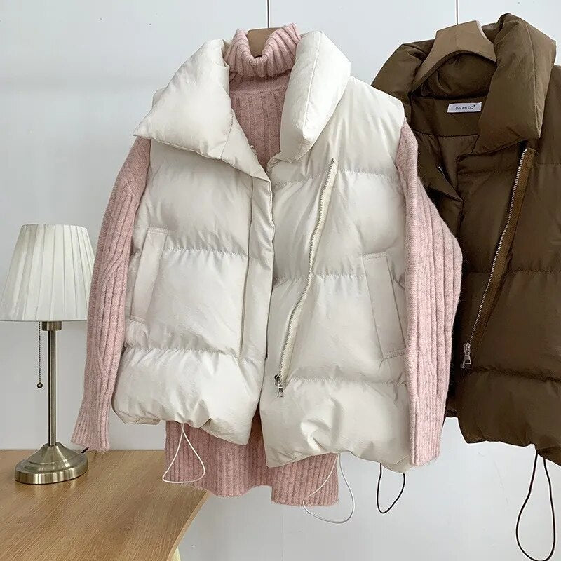 Lovwvol  Winter Cotton Vest Women Warm Coat Turn-down Collar Zipper Sleeveless Jacket Overcoat Loose Drawstring Waistcoat Vest Coat