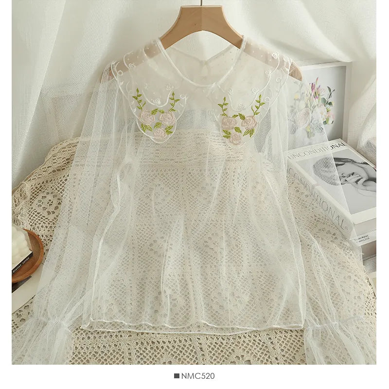 Lovwvol Vintage Lolita Blouses Women Mesh Patchwork Flower Embroidery Peter Pan Collar Shirts Flare Sleeve Thin Inside Tops Mujer Autumn