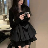 Lovwvol Korean Style Long Sleeve Drees Women Autumn Patchwork Square Collar Black Puffy Dresses Woman Fashion Prom Bow Black Mini Dress