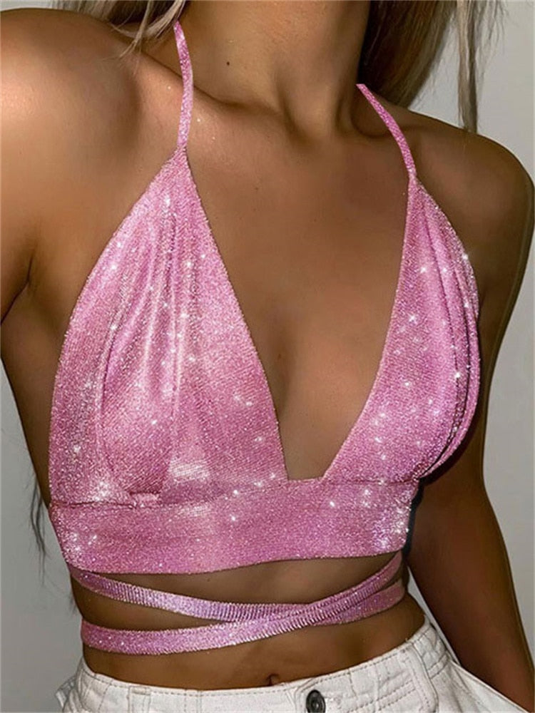 Lovwvol Sparkle Halter Tops For Women Sexy Bandage Lace-Up Backless Corset Tank Tops Camisole Party Bustier Sliver Glitter Bra Top
