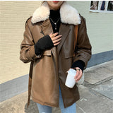 Lovwvol Leather Fur Coat Winter Jacket Women New Fall Lamb Wool Warm Locomotive Coat with Sashes Korean Fashion PU Outwear