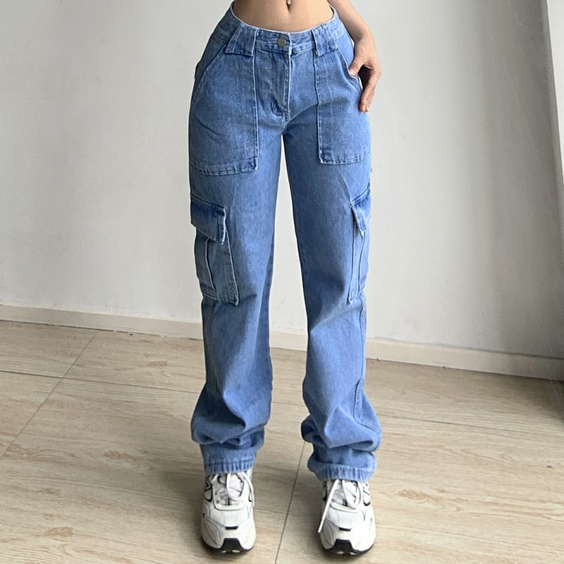 Lovwvol women Jeans straight pants 2024 new multi-pocket cargo pants loose casual denim trousers women's summer wide leg pants jeans