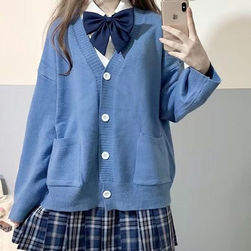 Lovwvol Japanese School Basic Sweaters Women Autumn Kawaii Solid V-neck Loose Knitted Cardigan Preppy Style JK Uniform Cosplay