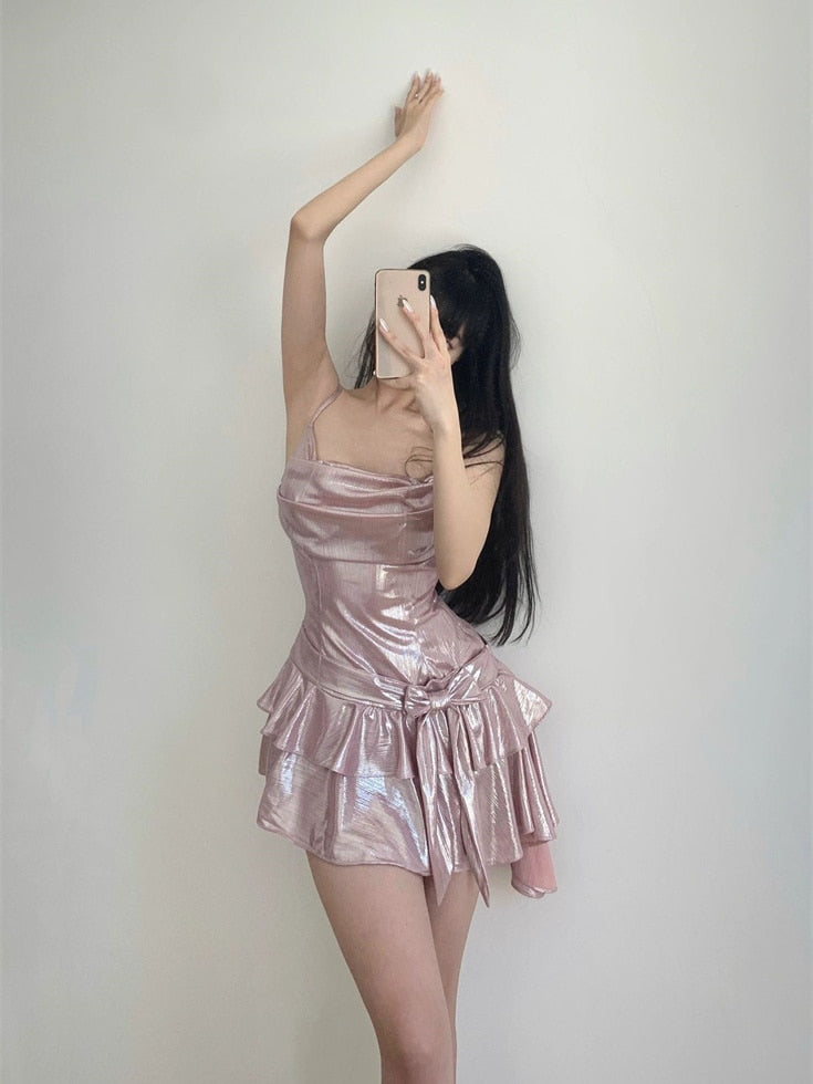 Lovwvol Sexy Ruffle Mini Dress Pink Asymmetrical Bodycon Summer Dress Elegant Party Dress for Women 2024 Fashion Bow Knot Vestidos