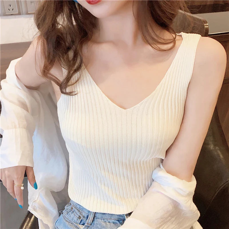 Lovwvol V-neck Knitted Ice Silk Sleeveless Top Thin Vest Knit Sweater Women Sexy Slim Camisole Female Women Clothing Spring Summer Fall