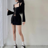 Lovwvol Hnewly Vintage Chic Knitted Brown Skinny Mini Women Dresses Drawstring Corset Elegant Party Dress Flare Sleeve Slim Outfits
