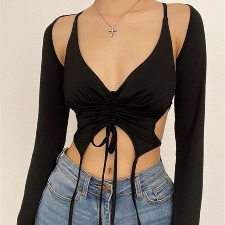 Lovwvol Two Piece Sets Tops and Blouses Women Summer Fall Grunge Sleeveless Halter  Tie Up Drawstring Tank Tops + Long Sleeve Crop Tops