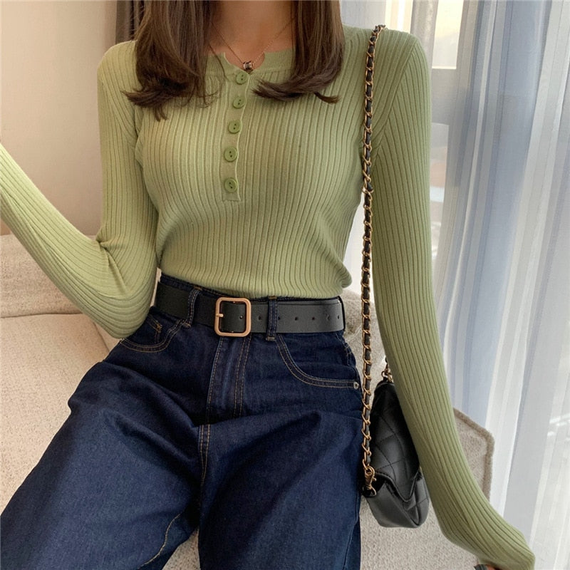 Lovwvol 13 Colors Women Button Knitted Pullover Sweaters Autumn Spring Long Sleeve Knitwear Tops